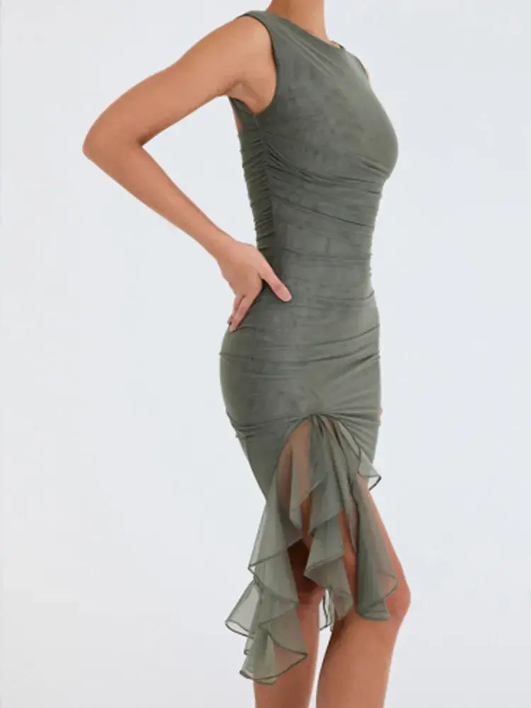 Sleeveless Tulle Ruffle Hem Midi Dress