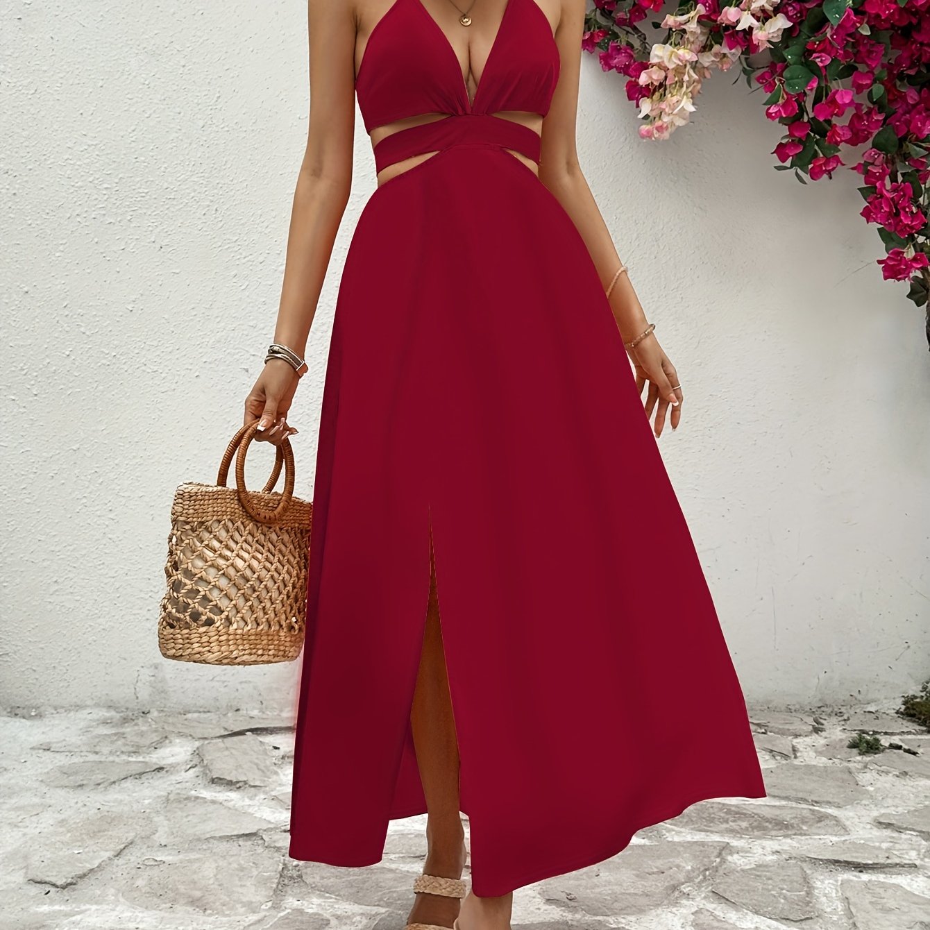 Elegant Red Floral V-Neck Maxi Dress