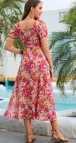 European American Puff Sleeve Square Collar Dress