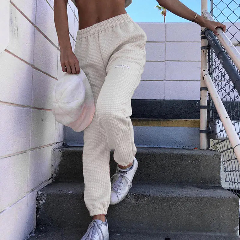 Solid Color Crew Neck Short Top & Beige Sports Set