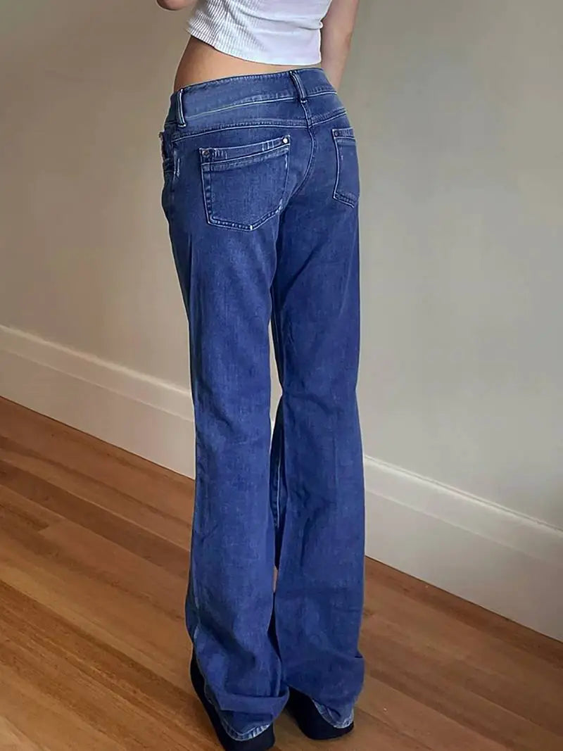High-Stretch Blue Wide-Leg Denim Pants with Pockets