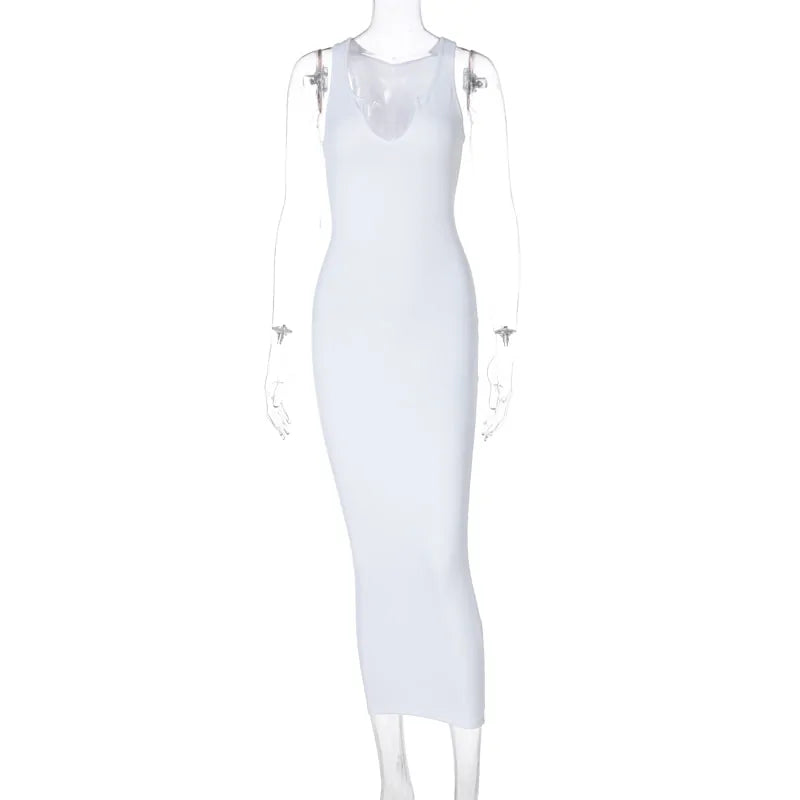V-Neck Bodycon Striped Knitted Sleeveless Midi Dress