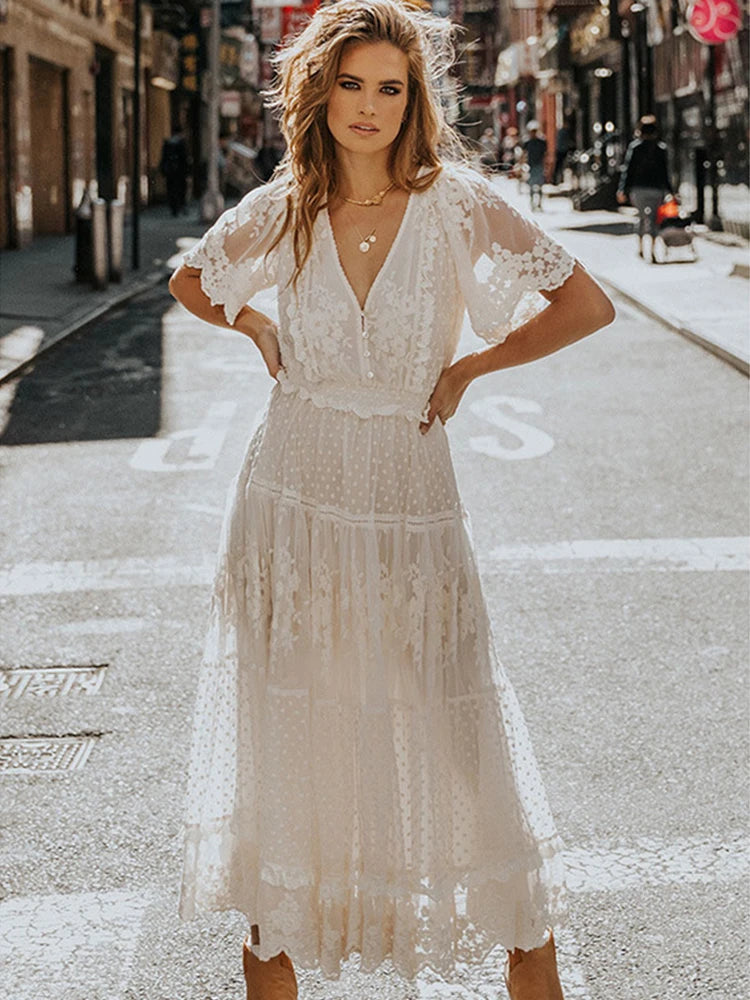 Hollow Out White Dress Sexy Lace Long Dress