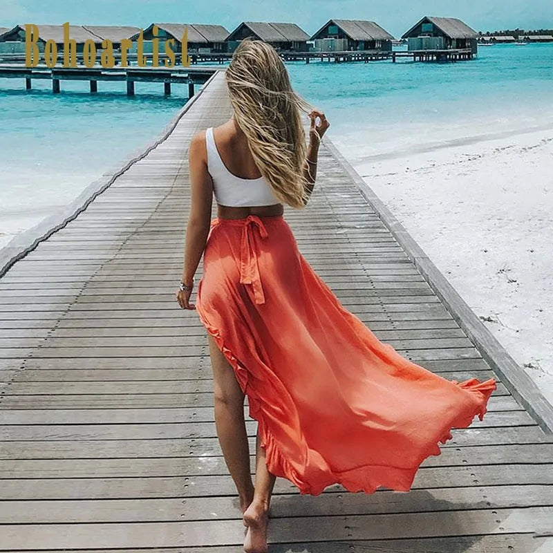 Women's Lace Up Ankle Split  Maxi Skirt