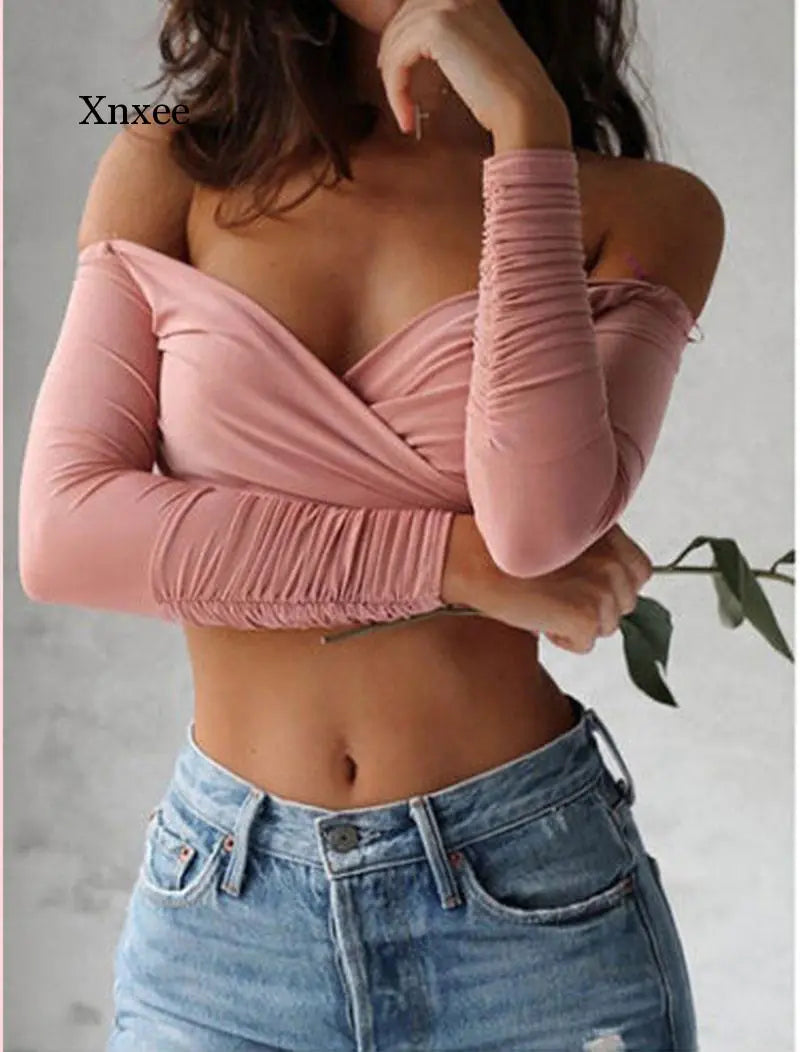 Summer Women's Off Shoulder V Neck Crop Top (S-XL)