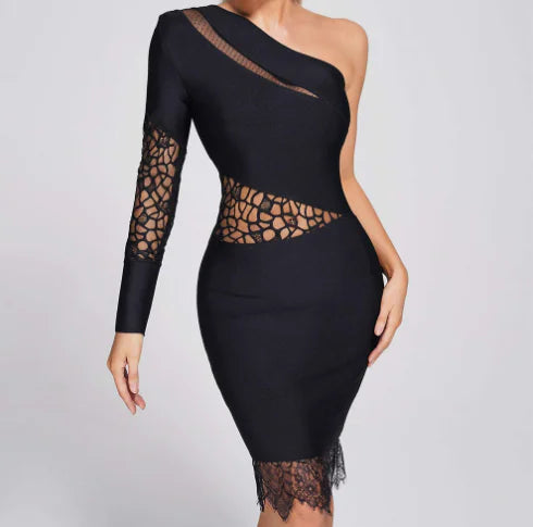 Elegant Lace-Panel One-Shoulder Classic Black Dress