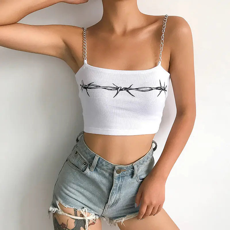 Women's Sexy Rib Chain Camisole White Crop Top