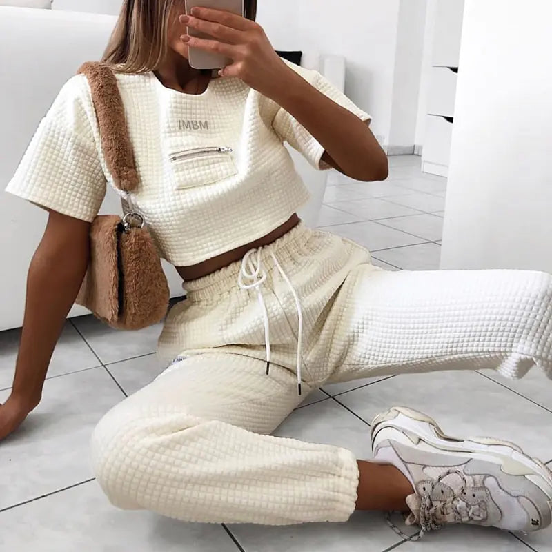 Solid Color Crew Neck Short Top & Beige Sports Set