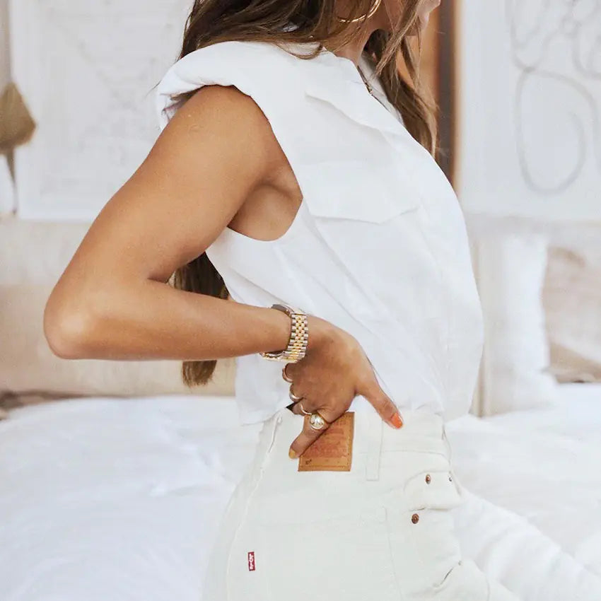 2020 Summer Women's White Shoulder Pad Blouse