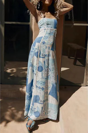 Blue Printed Patchwork Slim Maxi Dress