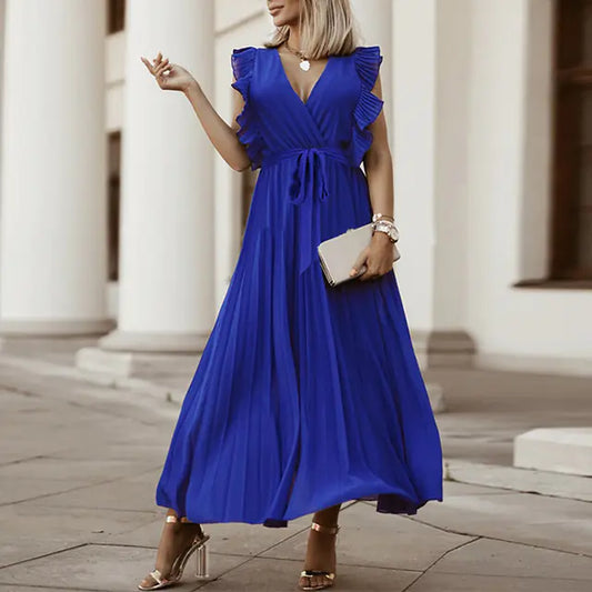 Elegant Slim Draped Pleated Summer Chiffon Dress