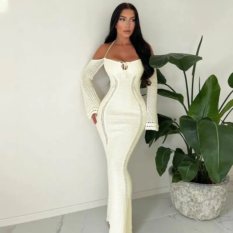 Back Lace-Up Slim Fit Hollow Long Sleeve Dress