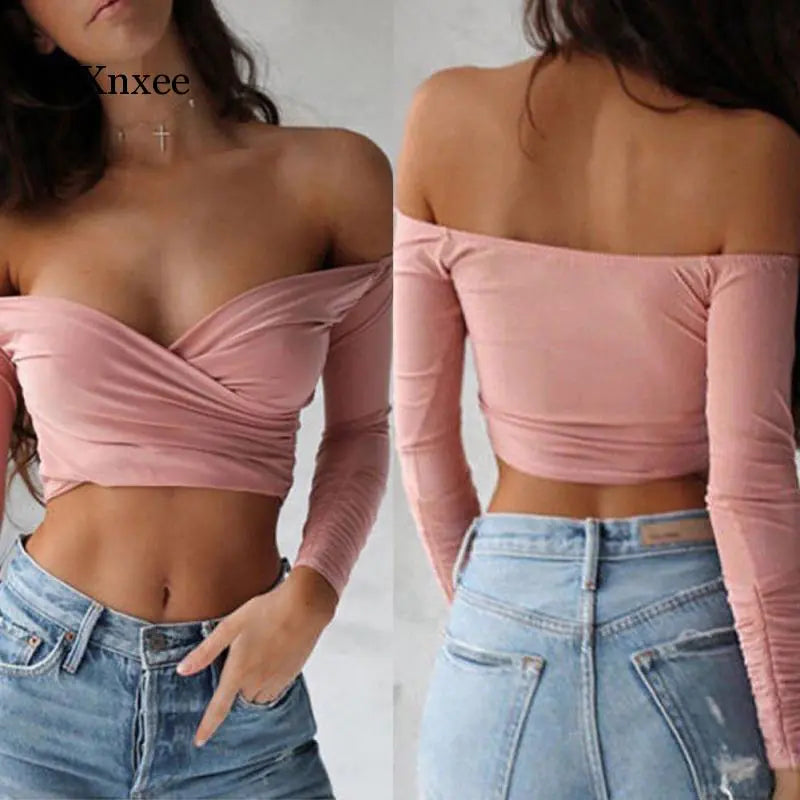 Summer Women's Off Shoulder V Neck Crop Top (S-XL)