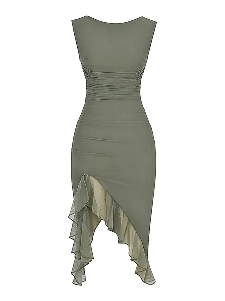 Sleeveless Tulle Ruffle Hem Midi Dress