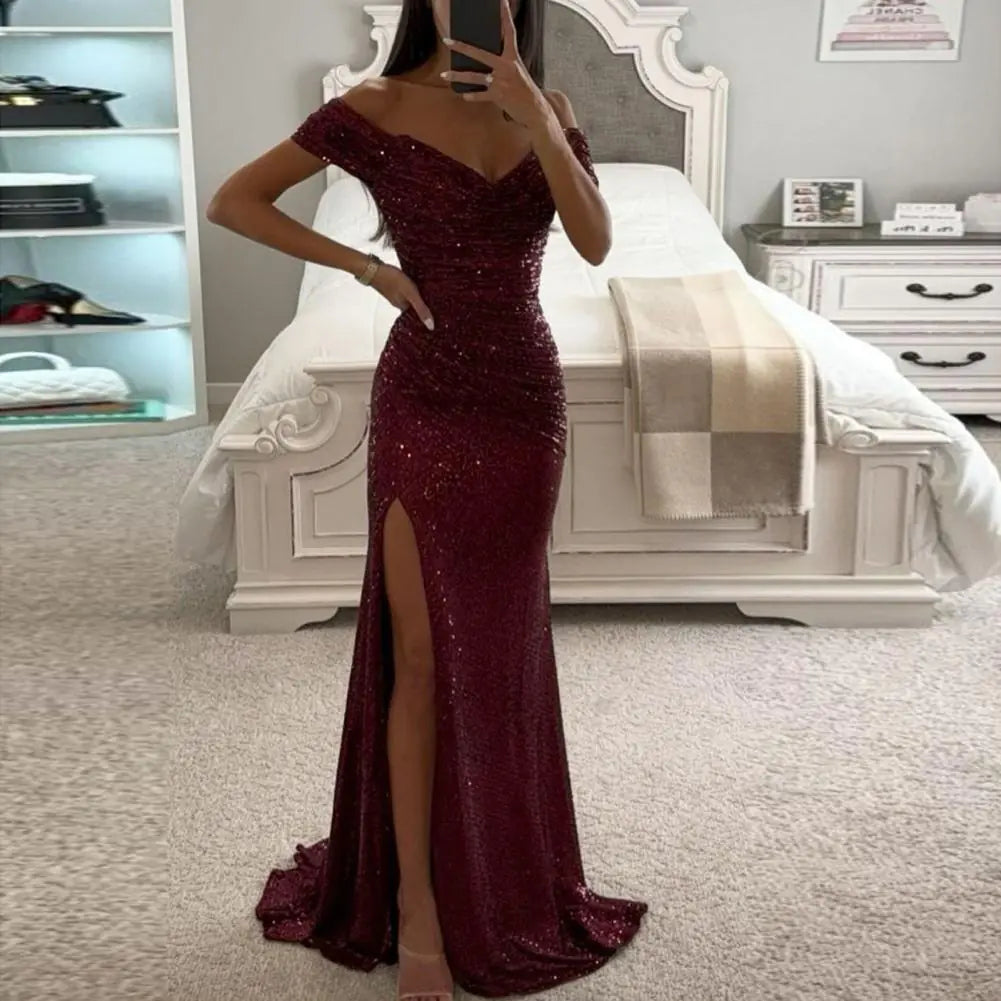 Elegant Off-Shoulder Sequined Maxi Dress for Women