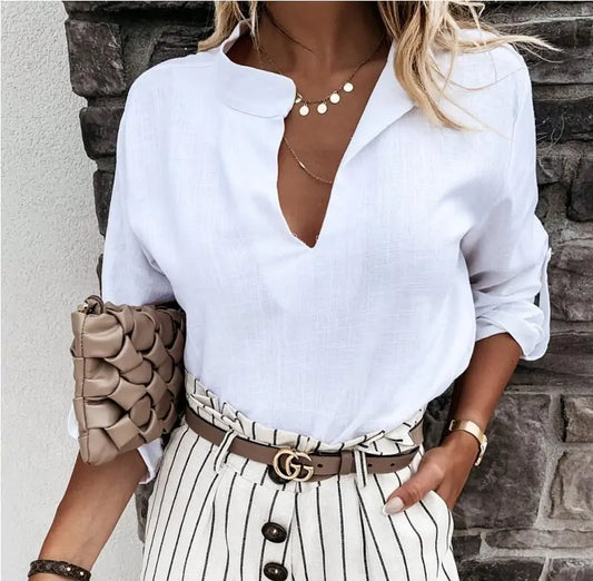 Elegant V-Neck Blouse with Adjustable Sleeves