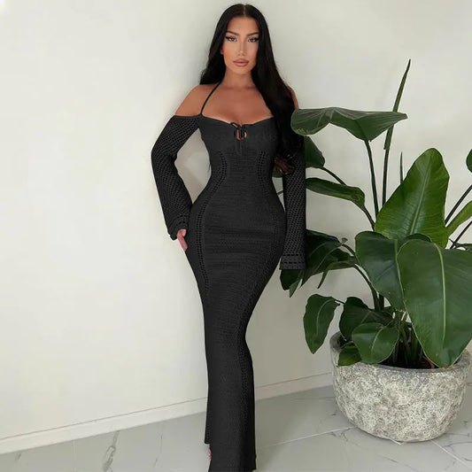 Back Lace-Up Slim Fit Hollow Long Sleeve Dress