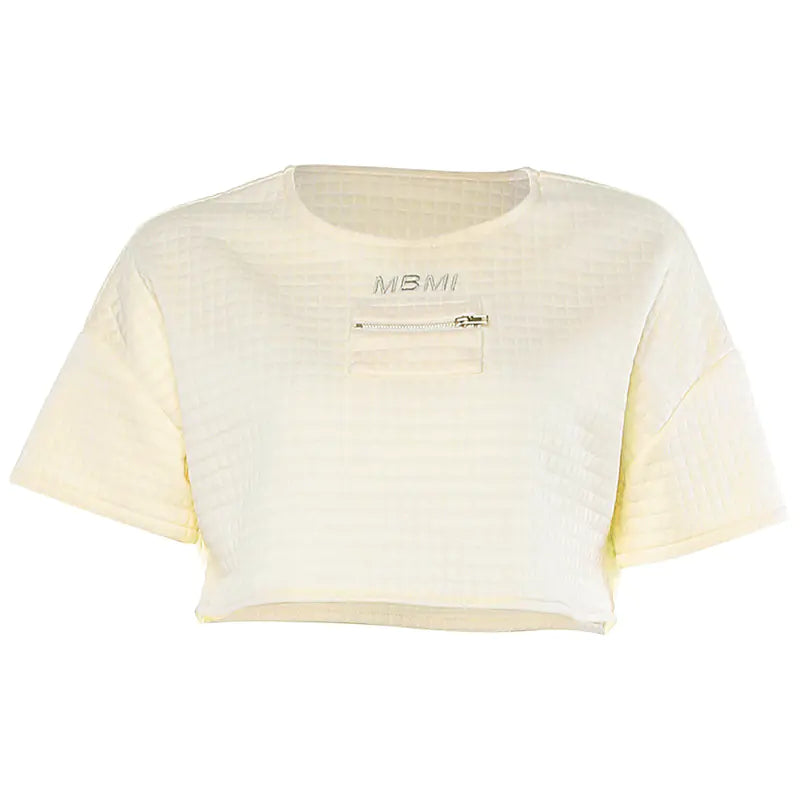 Solid Color Crew Neck Short Top & Beige Sports Set