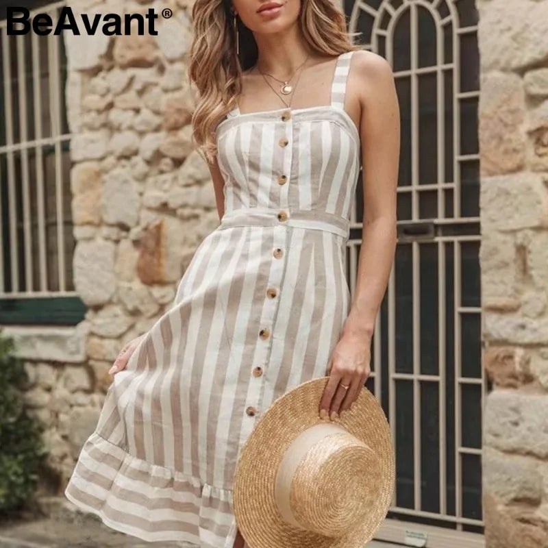 BeAvant Striped Linen Cotton Backless Midi Dress