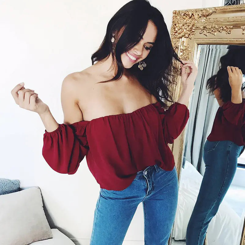 LIVA Off-Shoulder Chiffon Blouse with Lantern Sleeves